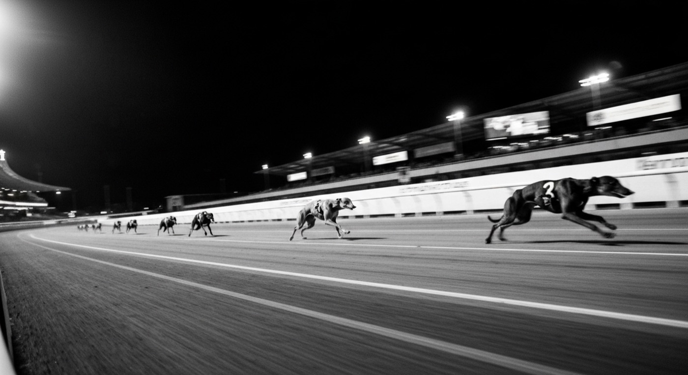 A digital display board showing greyhound racing odds and race information inside a modern betting shop.