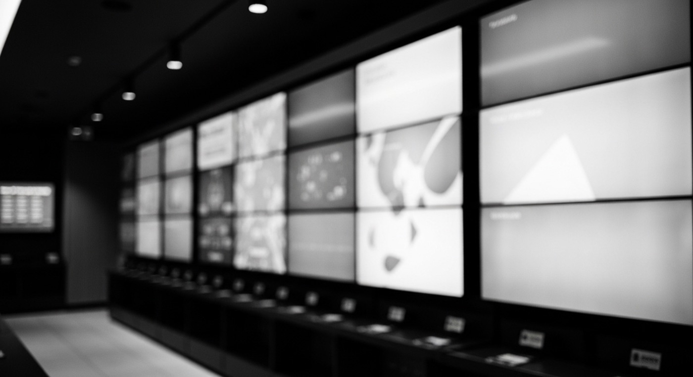 Digital display screens showing live sports odds and racing inside a modern betting shop